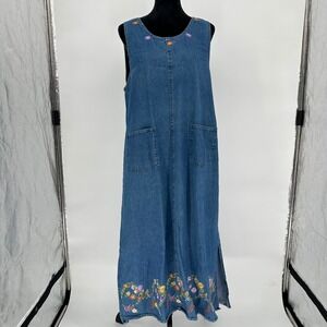 Agapo Vintage Blue Denim Floral Embroidery Maxi Dress Pockets Cottage Core Large